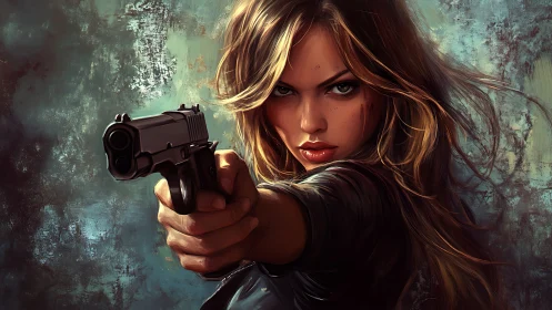 Fierce gunslinger heroine locking eyes with the viewer.