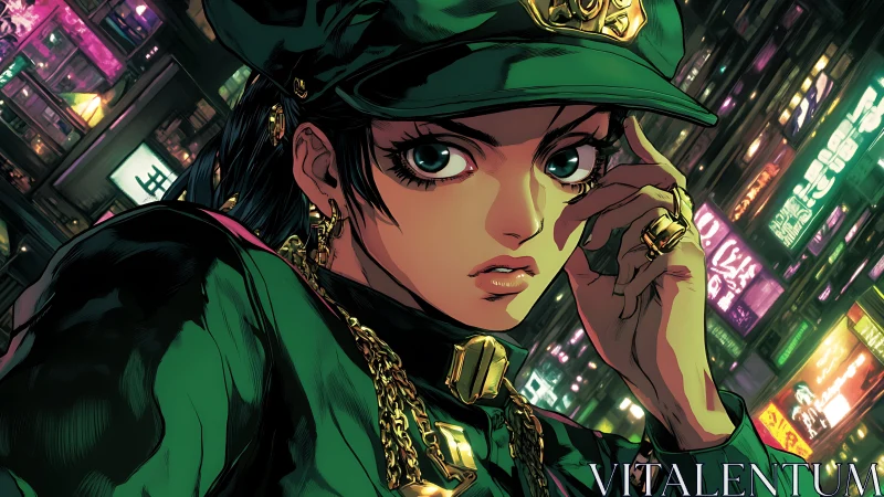 Confident night patrol heroine in neon city streets.