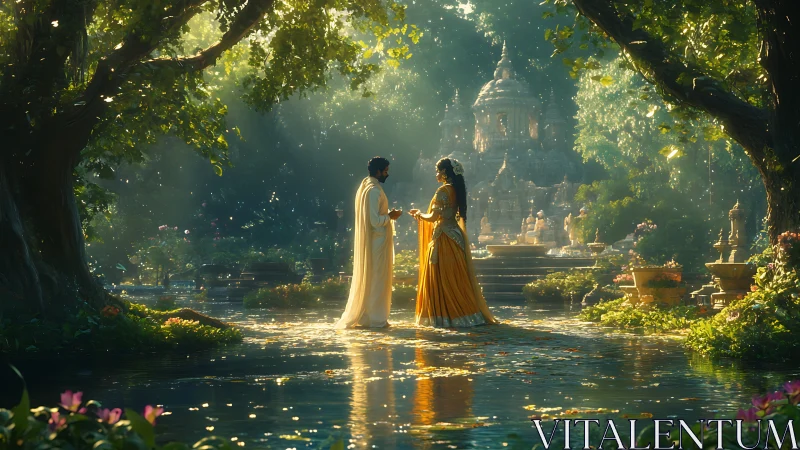 Divine couple stand in golden temple garden light.