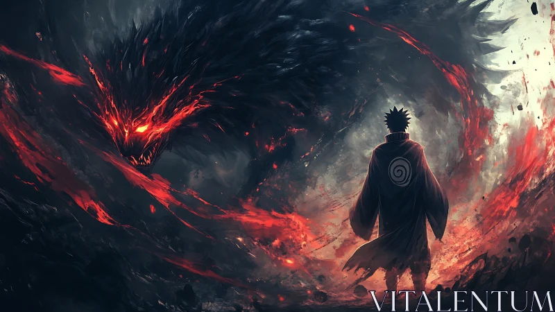 Hero confronts blazing shadow beast in a storm of embers