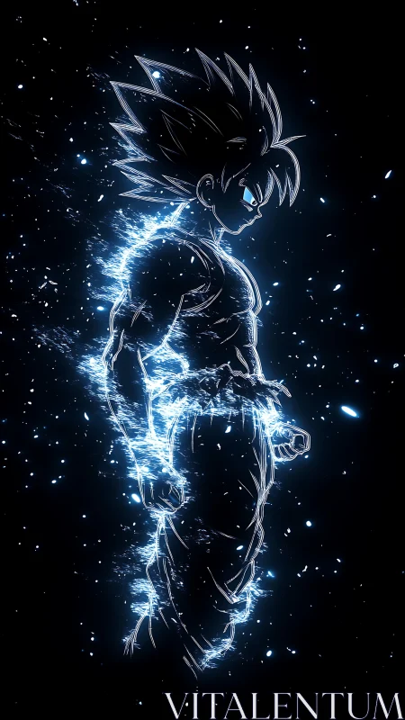 Energetic anime warrior silhouette outlined in blue plasma glow