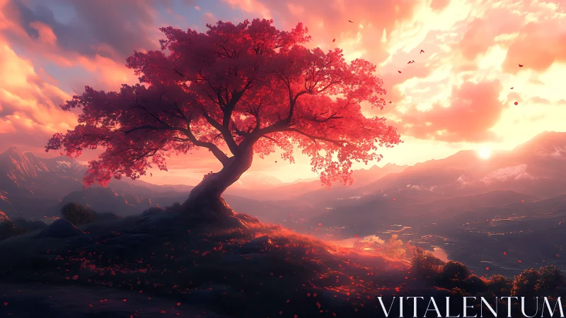 Solitary pink tree stands on a hill above a glowing valley