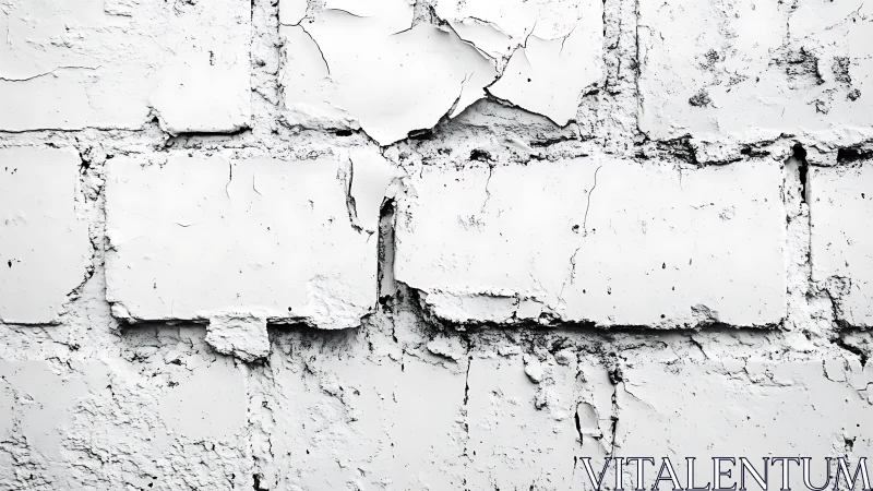 Peeling white brick wall with cracked textured plaster surface.