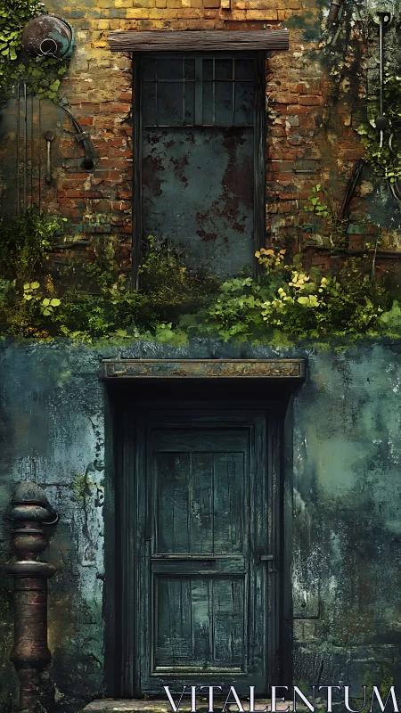 Weathered twin doors in overgrown urban brickwork.