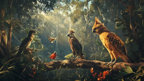 Sunlit rainforest birds gather on a mossy branch in harmony