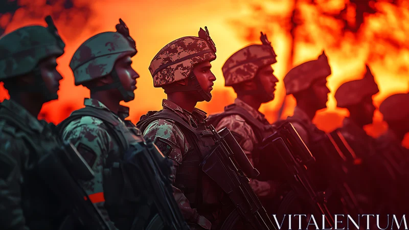 Soldiers in formation against intense red sunset sky.