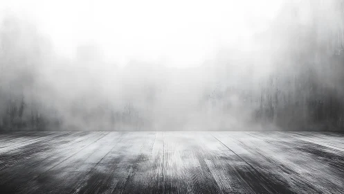 Desaturated wooden floor receding into diffused misty backdrop plane