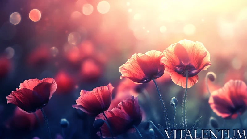 Red poppies backlit at sunset with bokeh.