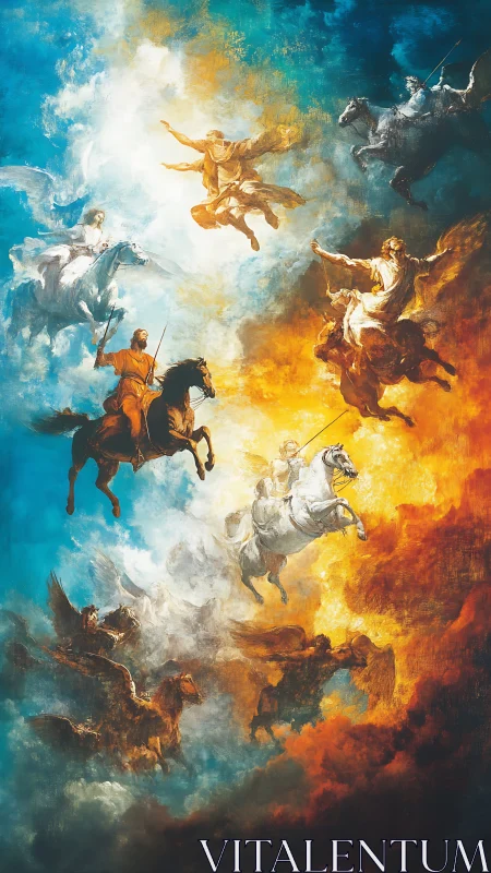Heavenly riders sweep across blazing clouds in vivid color