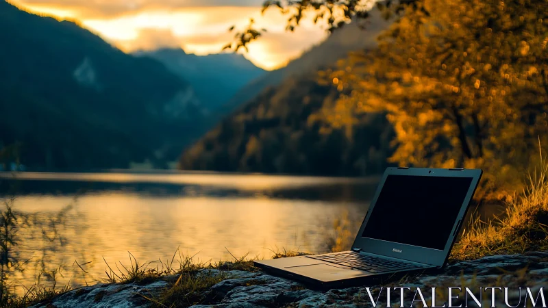 Open laptop rests lakeside under warm sunset backlighting