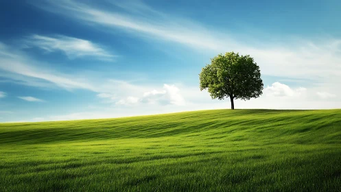 Solitary deciduous tree on windswept green hill under cirrus sky