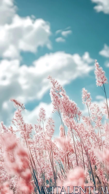 Tall pink grasses extend upward beneath a bright sky