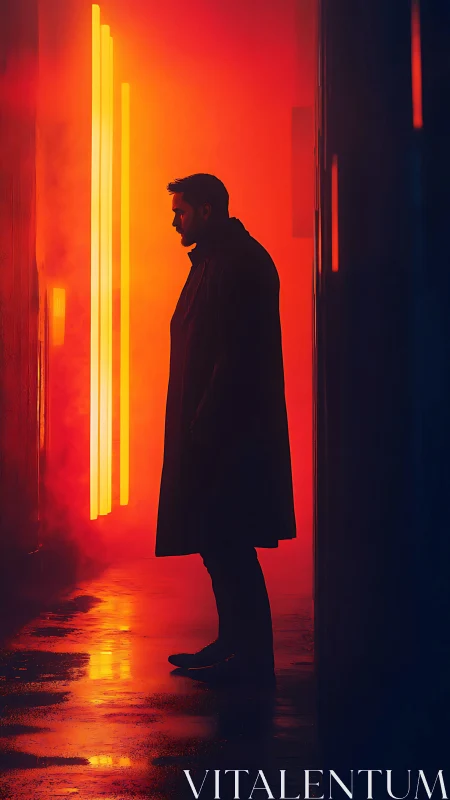 Man stands in neon alleyway, wrapped in moody orange haze