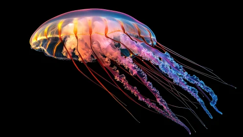 Prismatic jellyfish sails like neon silk through midnight water