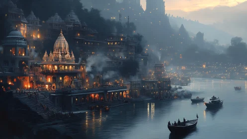 Golden riverside temple glows against a misty twilight city