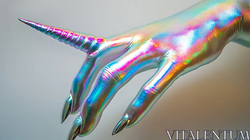 Iridescent metallic hand with horned finger extension.