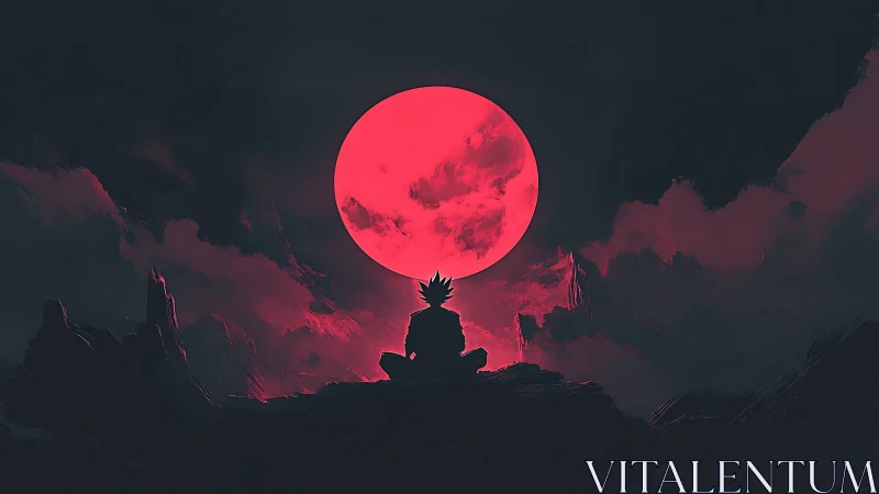 Solitary warrior beneath colossal crimson moonrise.