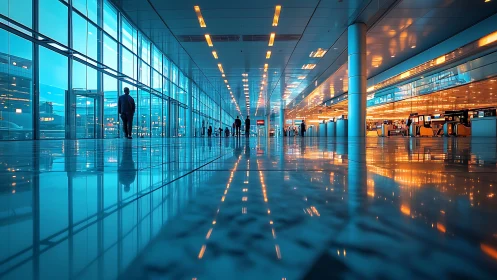 Low-angle transit concourse with reflective lighting geometry.
