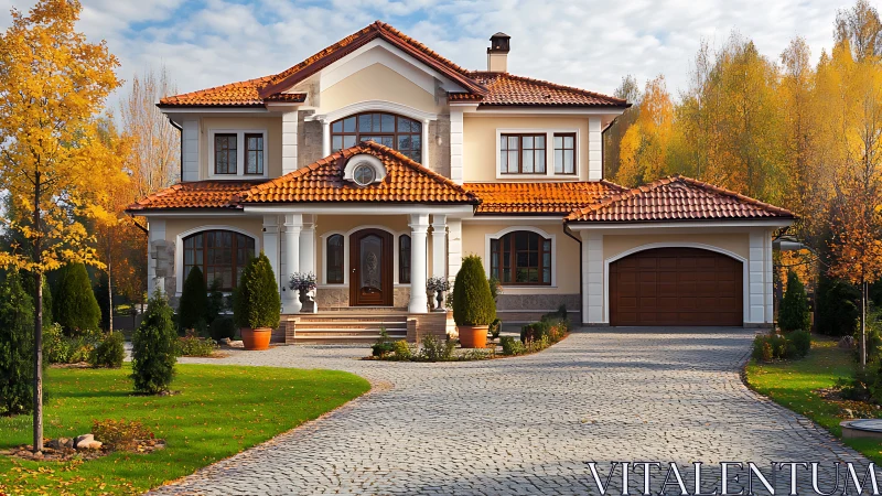 Symmetrical suburban villa with tiled roof and autumn landscaping.