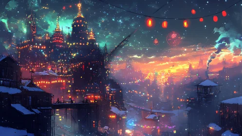 Night cityscape shows dense illuminated skyline and bridge