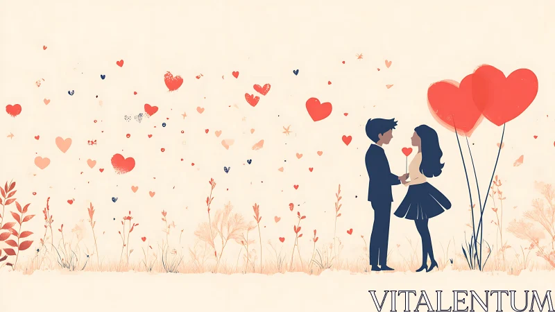 Couple With Oversized Heart Balloons In Floral Field.