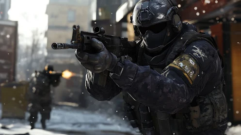 Tactical soldier advances through snowy urban firefight.