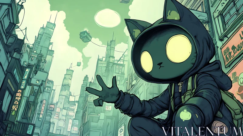 Neon-eyed cat hacker perched above teal cybercity hush.