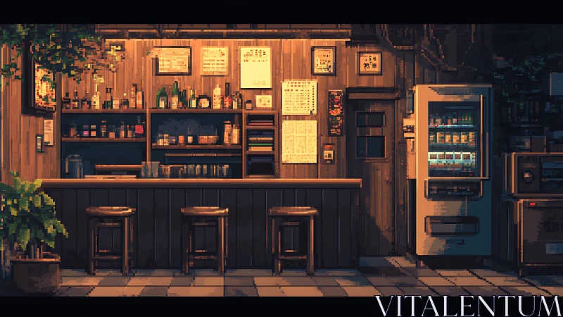 Cozy pixel bar counter glowing with gentle evening light.