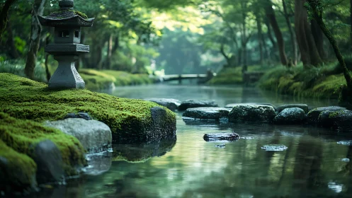 Mossy stone lantern beside reflective stream in tranquil garden
