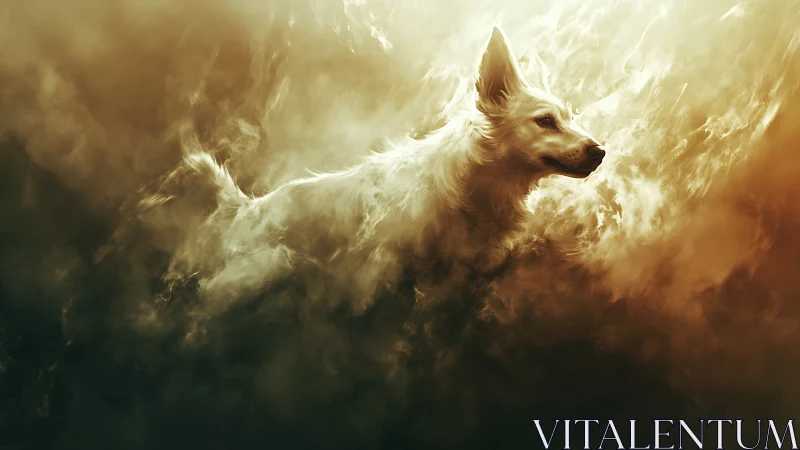 Celestial ember hound emerging from swirling golden clouds.