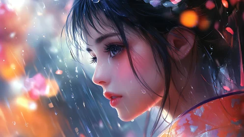 Solitary anime girl watches blurred city lights through rain