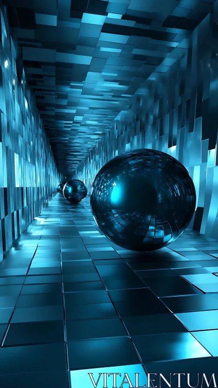 Chrome spheres drift through a luminous teal corridor.