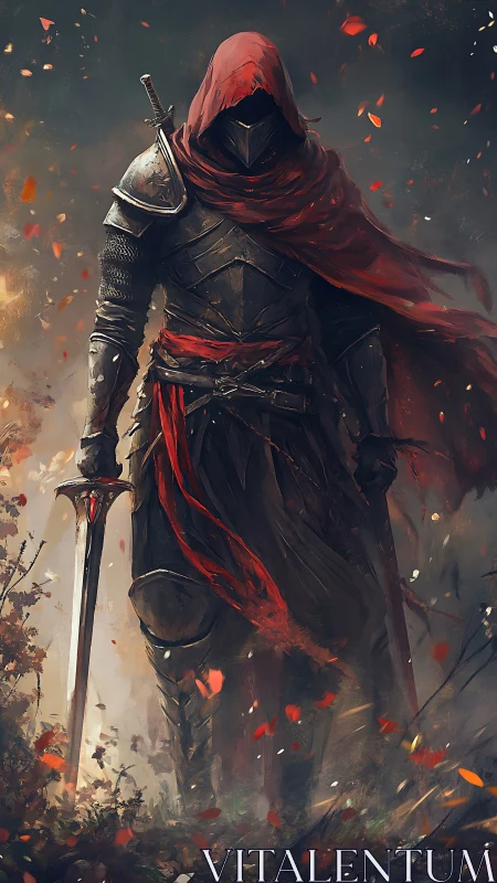 Crimson-hooded knight wandering through falling embers.