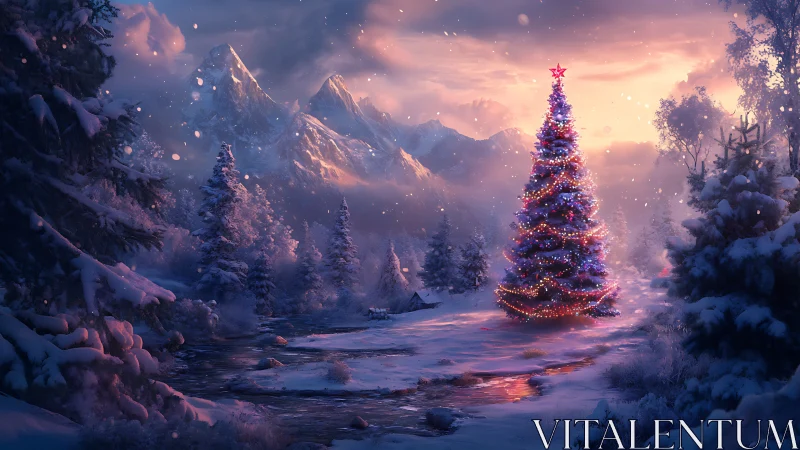 Glowing Christmas tree warms a tranquil snowy mountain valley