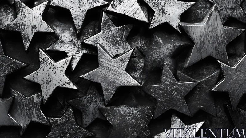Stacked metal stars in monochrome industrial texture.