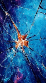 Shattered glass surface overlays a blue and purple ground