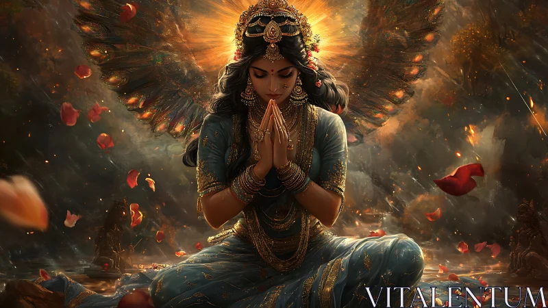 Winged goddess in ember storm praying for quiet miracles.