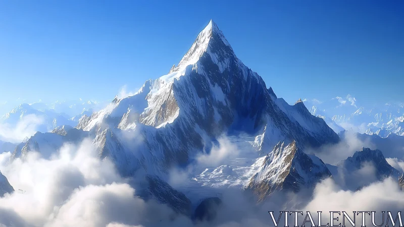Snow-covered mountain peak rises sharply above dense clouds
