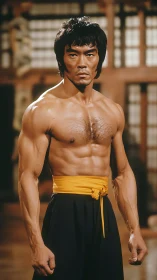 Martial artist poised in dojo with focused, intense expression.