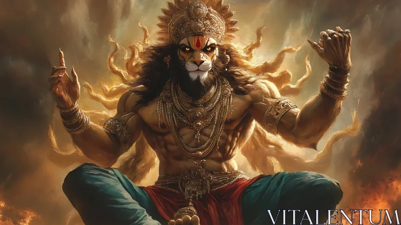 Lion-faced warrior deity radiates divine fiery power.