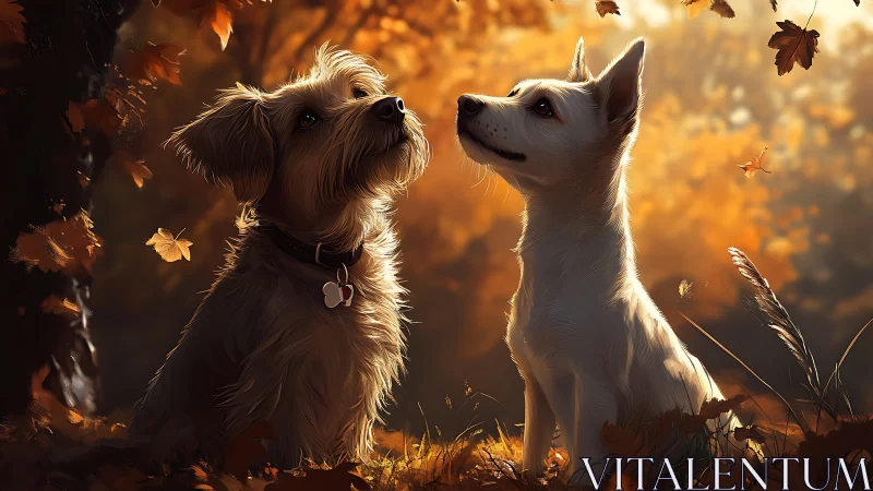 Two dogs interacting in golden autumn light with falling leaves.
