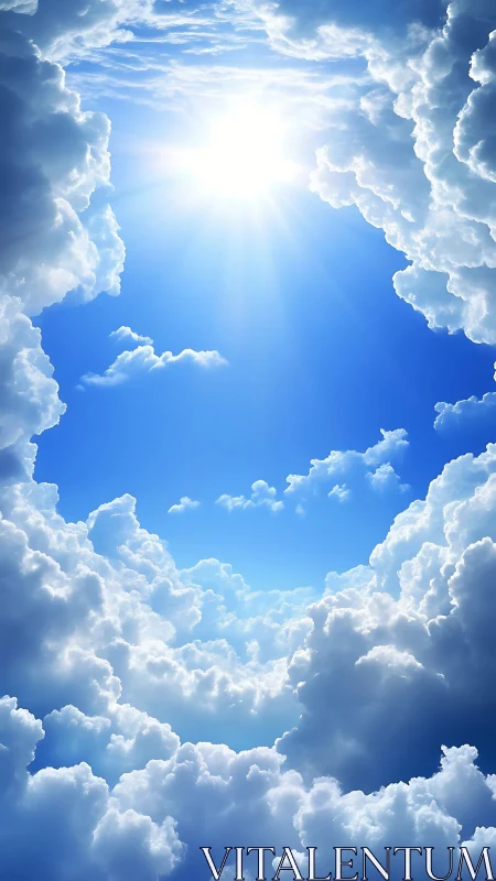 Radiant sunburst through towering cumulus cloud corridor.