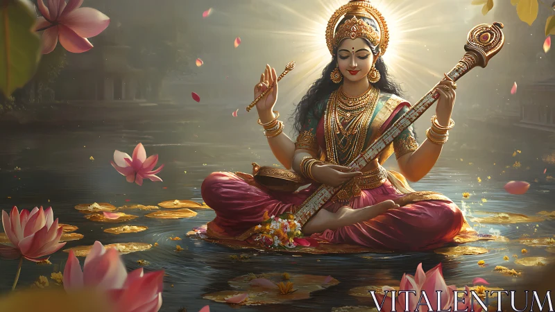 Seated veena player in lotus pond with ornate attire.
