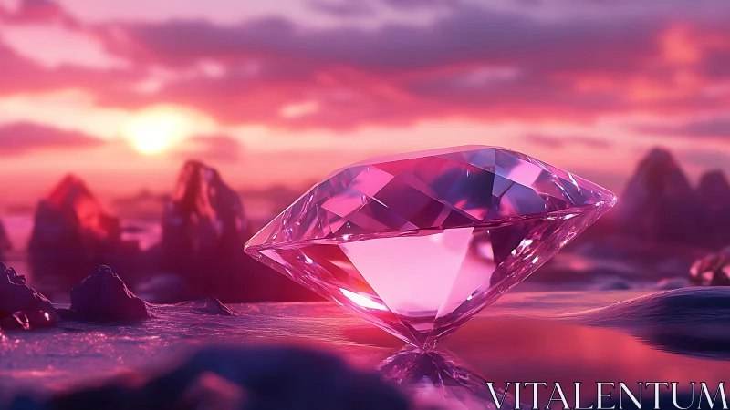 Pink crystal diamond rests over iridescent sunset shore.