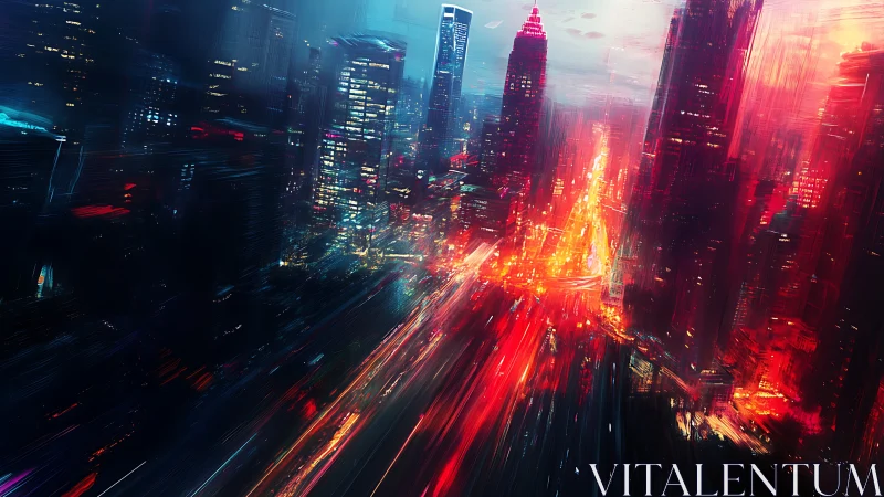 Neon cyberpunk skyline with blazing motion trails at dusk.