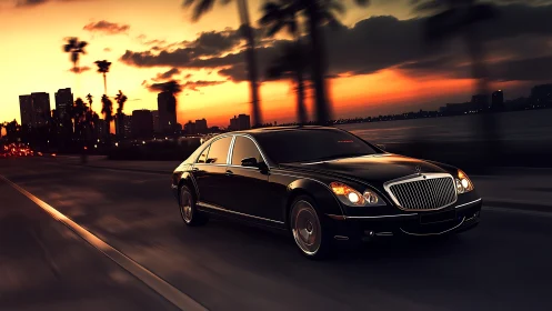 Sunset boulevard luxury sedan gliding past city skyline.