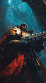 Armored guardian strides forward in a storm of blue fire