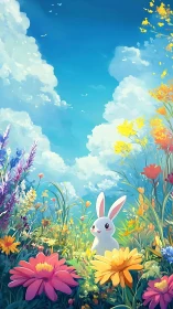 Cute white bunny sitting in bright wildflower meadow scene.