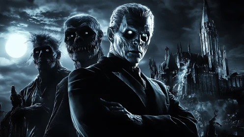 Undead figures stand before burning gothic castle at night