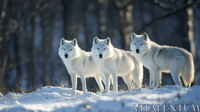 Three white wolves stand alert on snow in winter forest